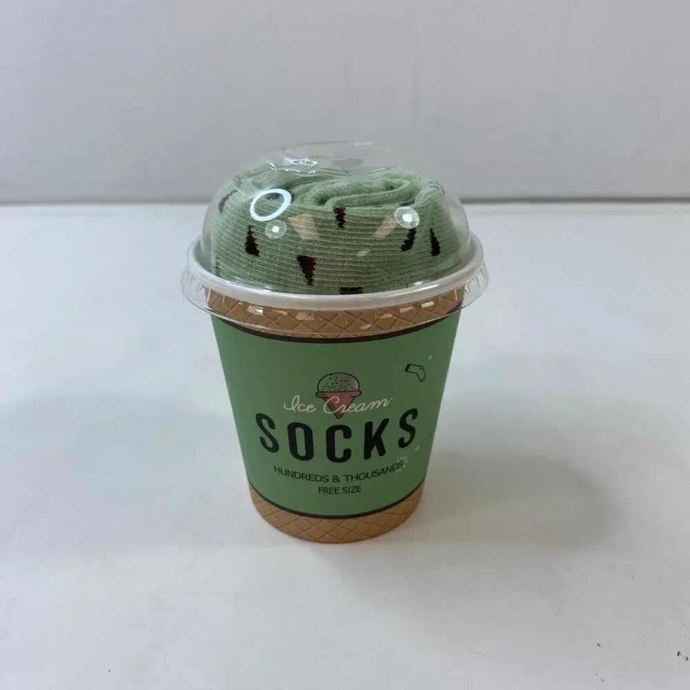 Ice Cream-Themed Green Mint Choc Chip Design Fun Novelty Gift Socks In Cup